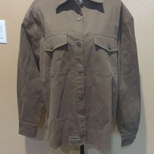 Brown Utility Jacket with Collared Neckline and Relaxed Fit